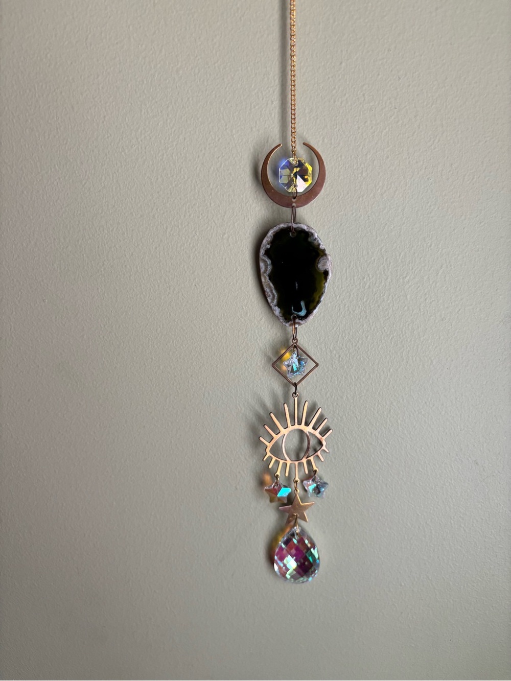 Eye & Moon Hanging Charm with Dark Green Agate Slice and White Faux Crystals